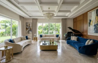 A spacious living room designed by a premium Interior designer in Arera Colony.
