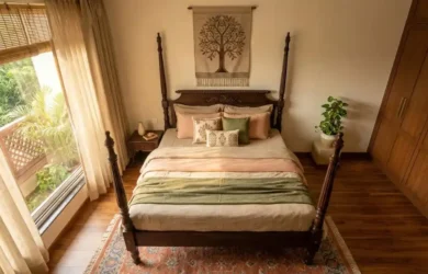 Vastu Shastra, Vastu compliant master bedroom design by Design Brix in Arera Colony, Bhopal, featuring earth tones, solid wall placement, and natural bamboo chicks for a serene and stable atmosphere.